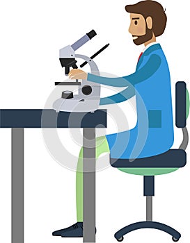 Researcher working with microscope at laboratory vector icon isolated on white