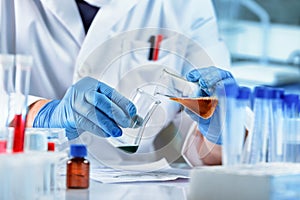 Researcher working whit fluids in flasks in the chemical laboratory