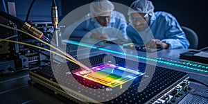 Researchers conduct experiments with colorful light patterns in advanced photonics lab during evening hours