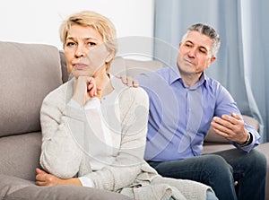 resentful mature couple quarreling at home with each other