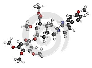 Reserpine alkaloid molecule. Isolated from Rauwolfia serpentina (Indian snakeroot). 3D rendering. Atoms are represented as spheres