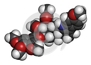 Reserpine alkaloid molecule. Isolated from Rauwolfia serpentina (Indian snakeroot). 3D rendering. Atoms are represented as spheres