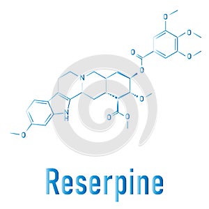 Reserpine alkaloid molecule. Isolated from Rauwolfia serpentina, Indian snakeroot. Skeletal formula.