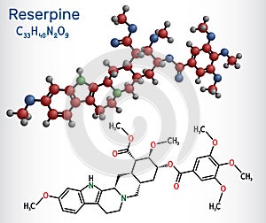 Reserpine alkaloid molecule. Structural chemical formula, molecule model.