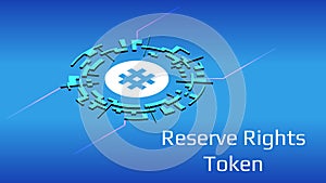 Reserve Rights Token RSR isometric token symbol of the DeFi project in digital circle on blue background.