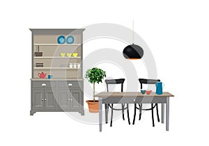 Vector interior design illustration. dining room kitchen furniture. chair table. home house decor decoration.
