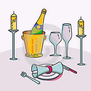 Reserved restaurant table with tablecloth, candles in candlestick, plant, wineglasses, champagne wine and cutlery vector