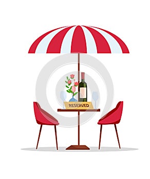 Reserved table in park cafe under parasol. Flat cartoon vector illustration on white fond. Round table with flowers in vase, photo
