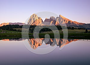 Reservoir at Alp Di Siusi at Sunset