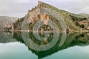 Reservoir dam at Quentar on cloudy weather, Granada province, Andalusia