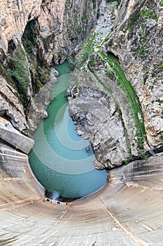 Reservoir dam at Quentar on cloudy weather, Granada province, Andalusia