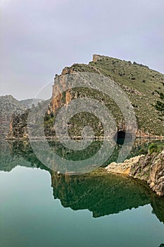Reservoir dam at Quentar on cloudy weather, Granada province, Andalusia