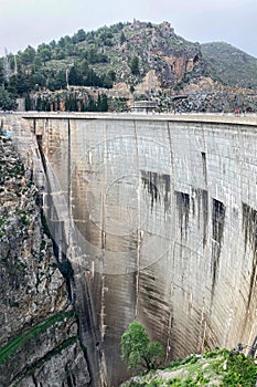 Reservoir dam at Quentar on cloudy weather, Granada province, Andalusia
