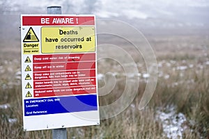 Reservoir deaths safety danger sign at deep water countryside park