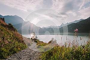 Reservoir lake with mountains epic landscape