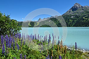 Reservoir lake with mountains epic landscape. Idyllic reservoir Kops lake at 1800 m in austrian Galtur, Vorarlberg