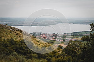 Reservoir Nove mlyny with small village Pavlov from lookout. Palava, Czech republic