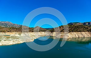 Reservoir Pantano De Siurana, Tarragona, Spain. Copy space for text