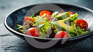 resh green salad with avocado and cherry tomatoes on black ceramic plate