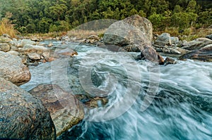 Reshi River water flowing on rocks at dawn, Sikkim, India photo