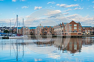 Residences and boats on the waterfront in Canton, Baltimore, Maryland