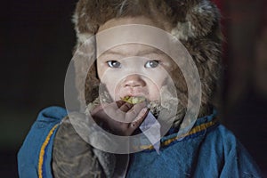 A resident of the tundra, The extreme north, Yamal, the pasture of Nenets people, children on vacation playing in the yurt