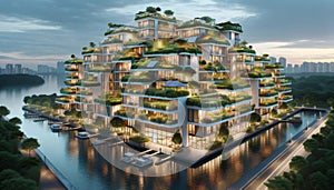 Residential apartment complex with a multi-tiered green roof, demonstrating advanced sustainable living. Generative AI