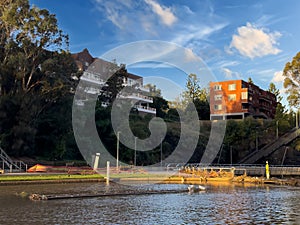 residential appartments on Parramatta River at Sunset with colourful skies Sydney NSW Australia