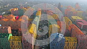 Residential area with colorful houses, aerial view