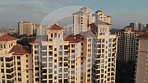 Residential area with new high-rise buildings at sunset