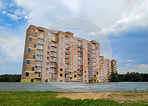 Residential brick house under construction.