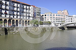 Residential Building on the bank of Nervion river from Downtown of Bilbao city in Basque Country of Spain
