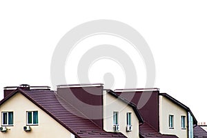 Residential building with a brown roof isolated in PNG format.