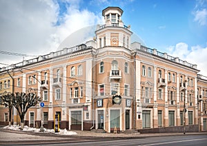 Residential building with a clock on the corner of Lenin and Bolshaya Sovetskaya streets in Smolensk