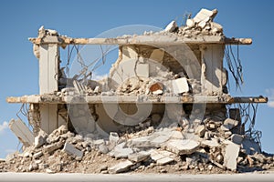 Residential building destroyed by implosion. Airstrike on the city, demolished house