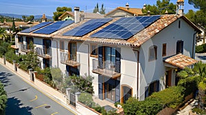 residential building on European street with solar panels installed on the roof. summer.