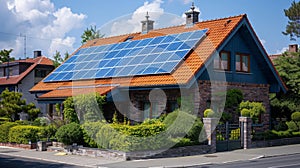 residential building on European street with solar panels installed on the roof. summer.