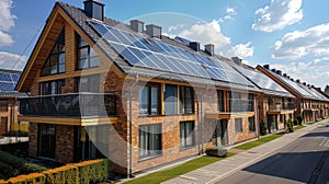 residential building on European street with solar panels installed on the roof. summer.