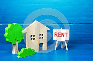 Residential building figurine and easel rent sign. Search for rental housing. Real estate realtor services. Legal procedure