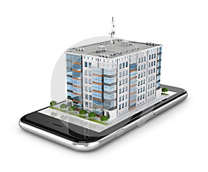 Residential building located on the phone. Smartphone