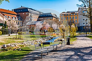 Residential building at riverside of Motala strom river in Norrkoping, Sweden