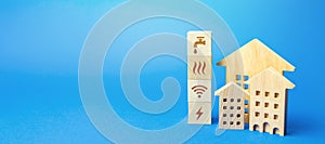 Residential buildings and blocks with communal services symbols. Utilities public service. Price, payment methods, subsidies photo