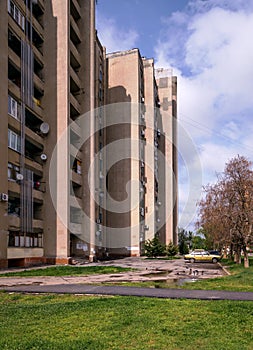 Residential buildings in Volgodonsk, Russia, Soviet modernism era brutalism