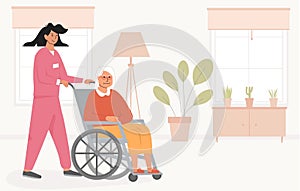 Residential care facility. A nurse with old woman on wheelchair. A bedroom in nursing home or retirement home. Scene of