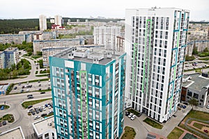 Residential complex, 25 storey and 16 storey residential buildings, a bird`s eye view of the