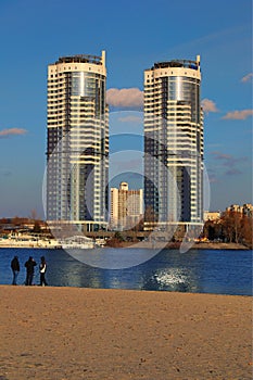 Residential complex Sunny riviera. Two modern luxury skyscrapers against blue sky