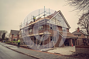 Residential construction with scaffolding photo
