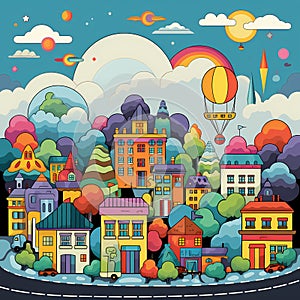 Residential district of a secluded colorful cozy town on a sunny day