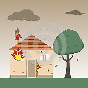 Residential fire. Burning Family house. Fire insurance.
