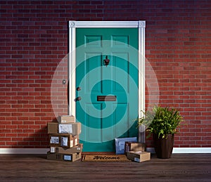 Residential front door with stacks of boxes from online purchases photo